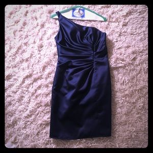 Deep Blue Satin Ruched One Shoulder Dress